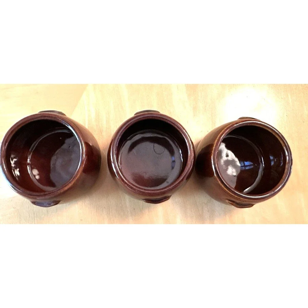 Vintage West Bend USA Brown Glaze Set Of 3 Mini Ceramic Bean Pot 3.5” Diameter